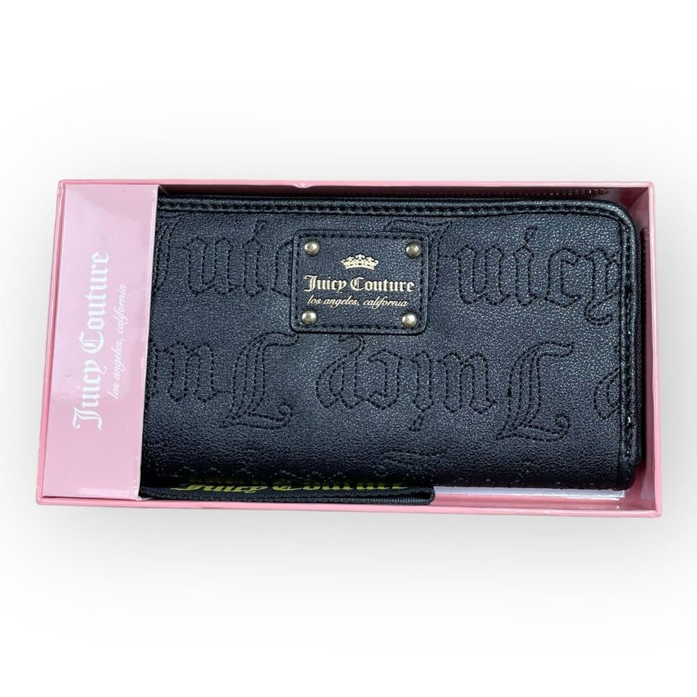 Juicy Couture Black Wallet Clutch Zip Around embossed NWT 9x5